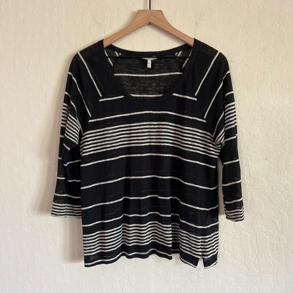 Joie Tops - Joie 100% Linen 3/4 Sleeve Scoop Neck T-Shirt Top Medium Black White Striped